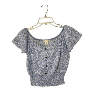 Monteau Women's Blue Floral Flutter Sleeve Crop Top Size Small